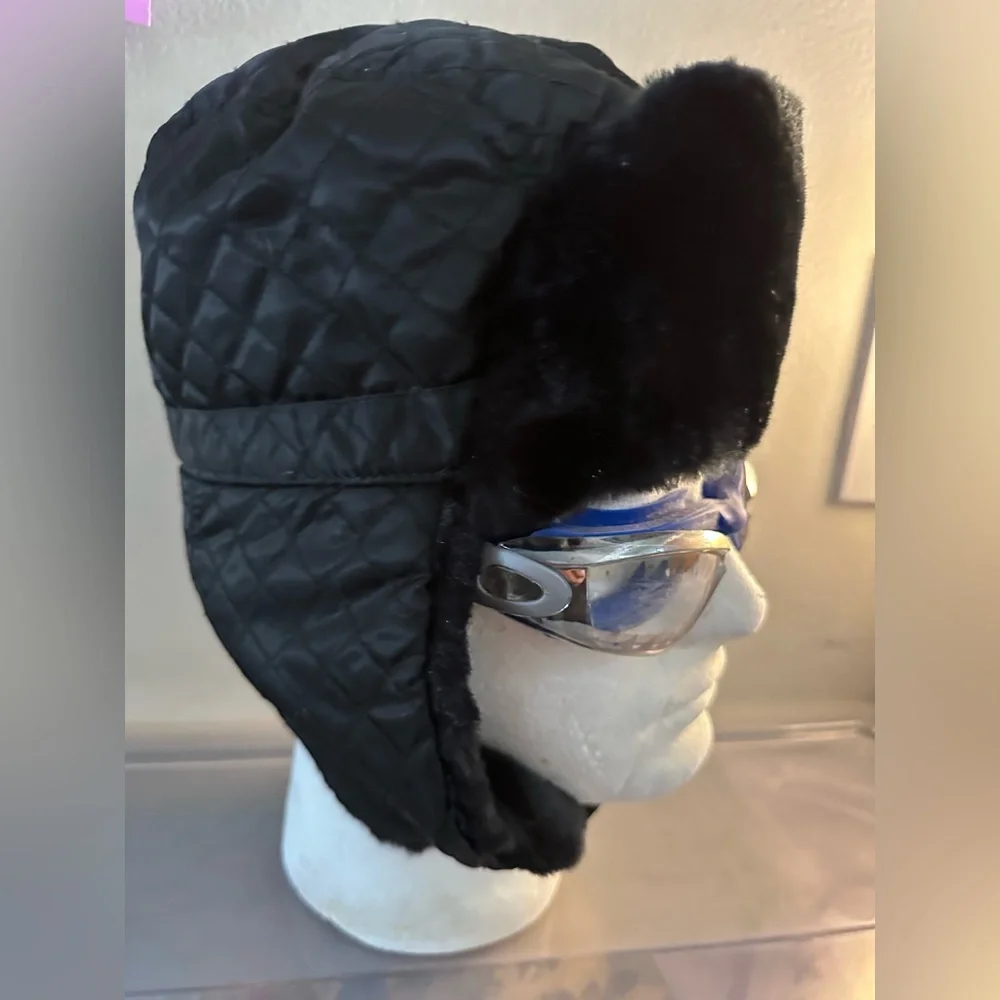 Black Faux Fur Ear Flap Winter Hat unisex
